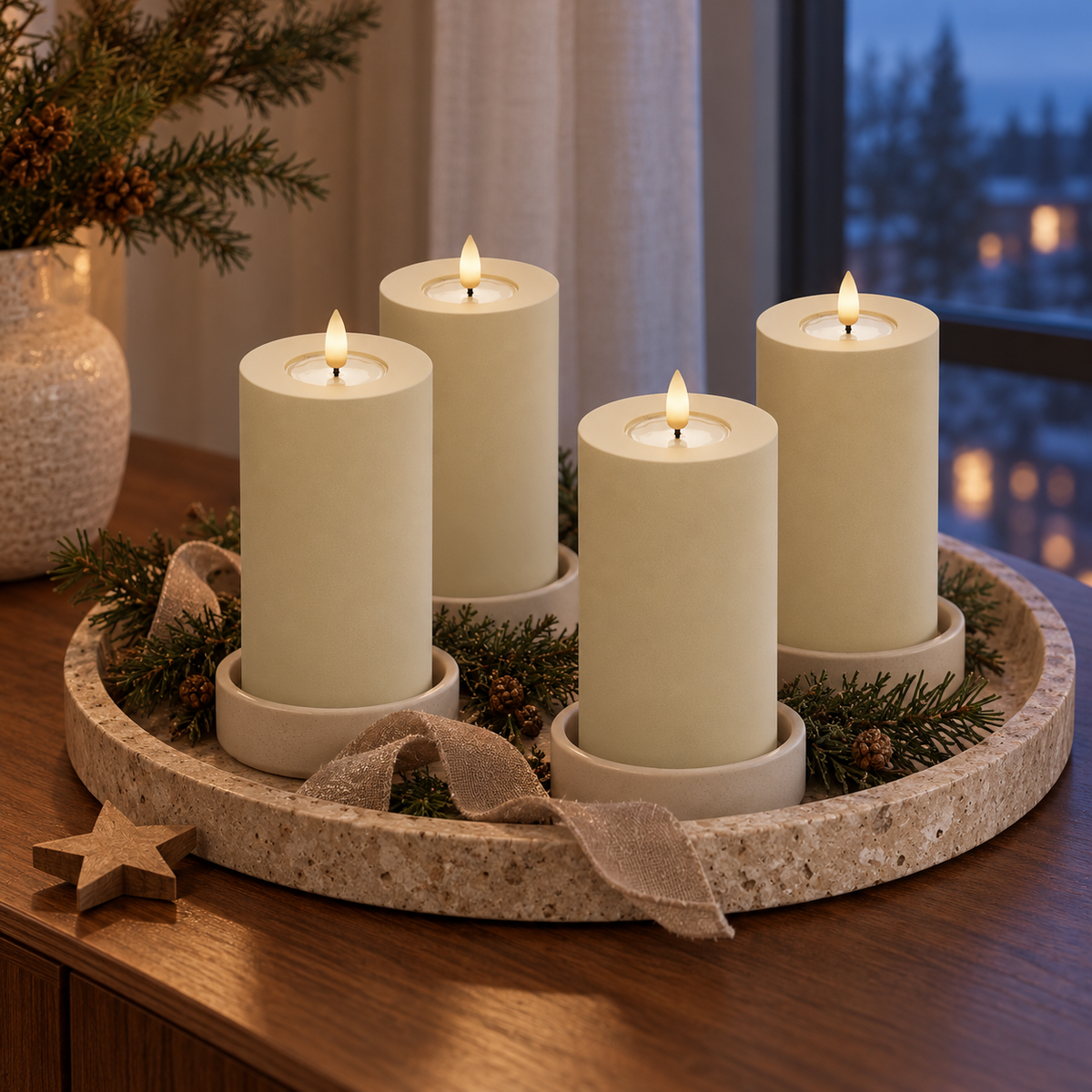 Vier hohe cremefarbene LED-Stumpenkerzen auf einem runden Terrazzo-Tablett mit Tannengrün, Band und Holzstern auf einem Sideboard am Winterabend