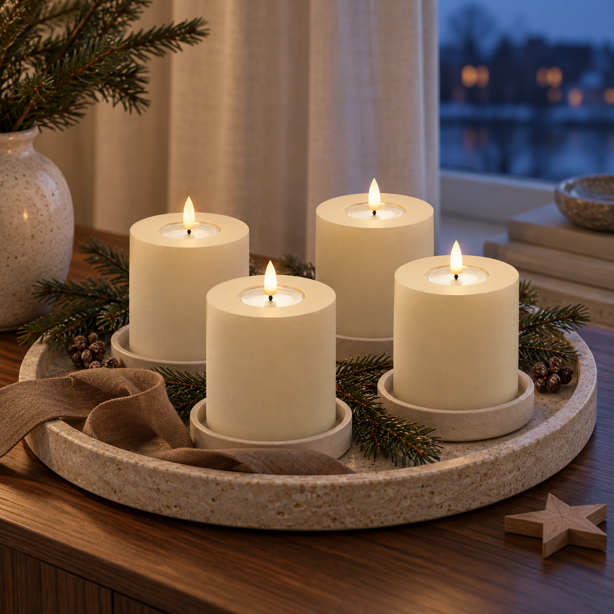 Vier cremefarbene LED-Stumpenkerzen auf einem runden Terrazzo-Tablett mit Tannenzweigen, Band und Holzstern auf einem Sideboard am Abend
