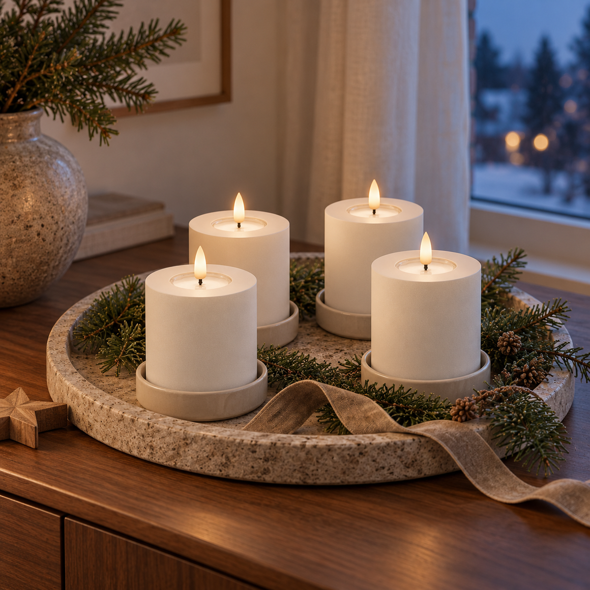 Vier weiße LED-Stumpenkerzen auf einem runden Terrazzo-Tablett mit Tannenzweigen, Band und Holzstern auf einem Sideboard am Winterabend