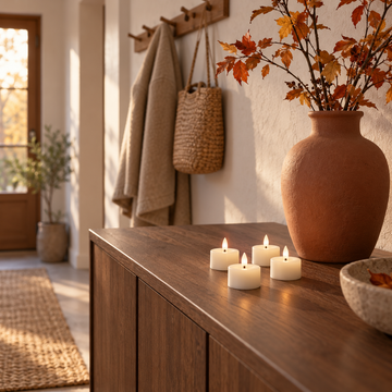 Vier weiße LED-Teelichter aus Wachs auf Sideboard im Flur mit Terrakottavase, Herbstzweigen und Korb