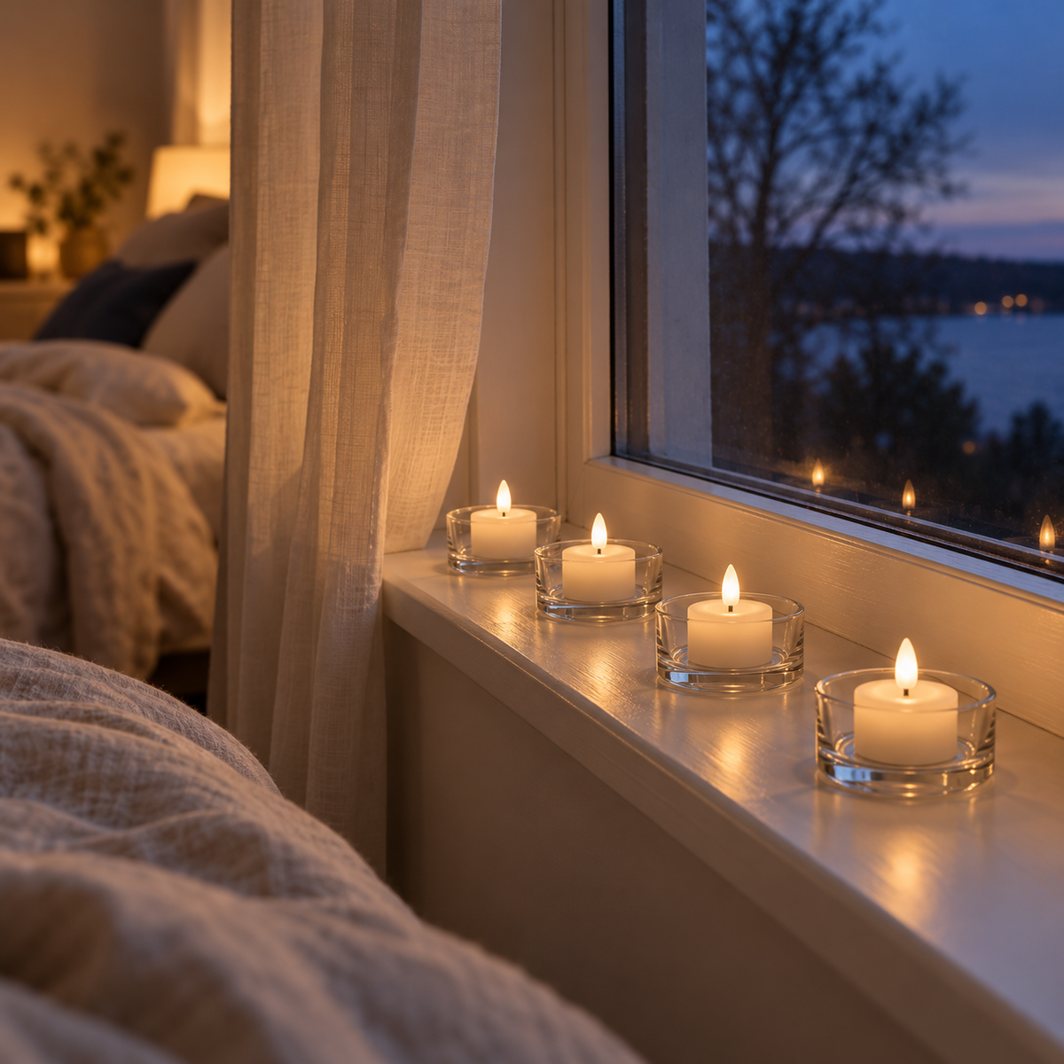 Weiße LED-Teelichter in Glashaltern auf der Fensterbank im Schlafzimmer mit Blick auf Abendhimmel und See