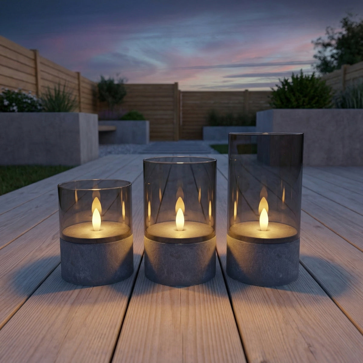 Outdoor LED-Kerzen mit Betonoptik & Rauchglas – 3er-Set | IP44