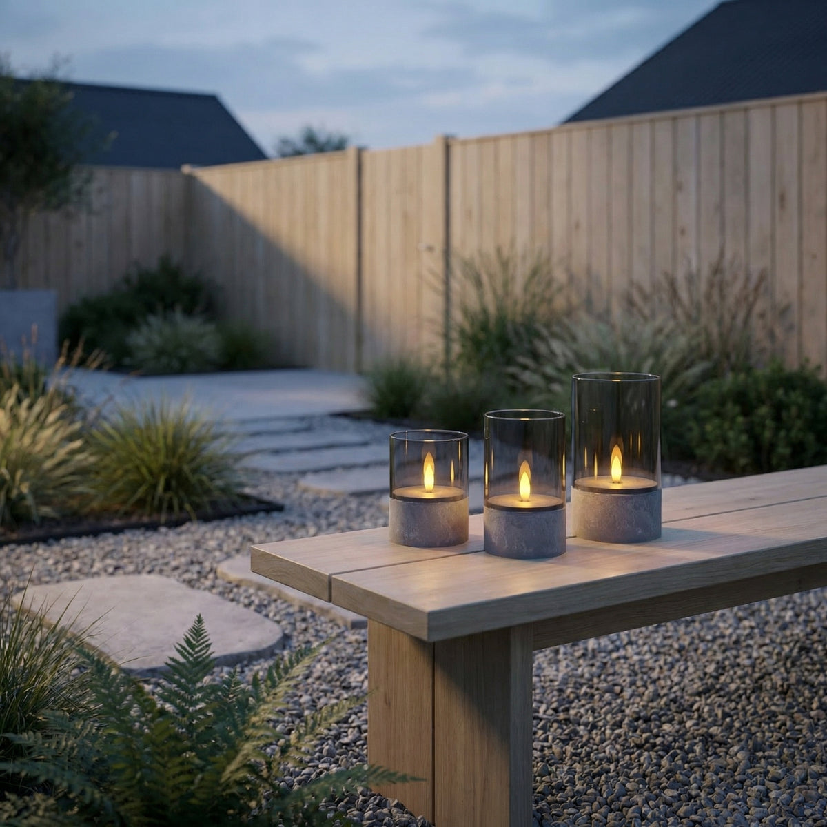 Outdoor LED-Kerzen mit Betonoptik & Rauchglas – 3er-Set | IP44