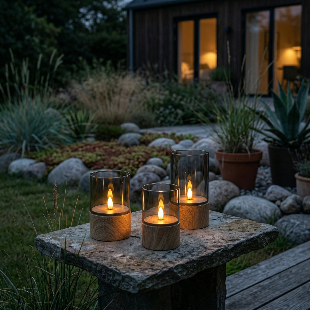 Outdoor LED-Kerzen mit Holzoptik & Rauchglas – 3er-Set | IP44