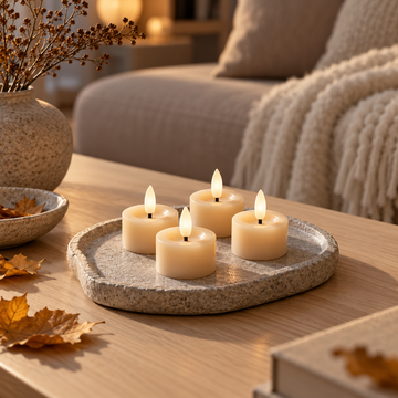 Vier sandfarbene Teelichter auf Steintablett auf dem Couchtisch mit Herbstlaub, Vase und Plaid