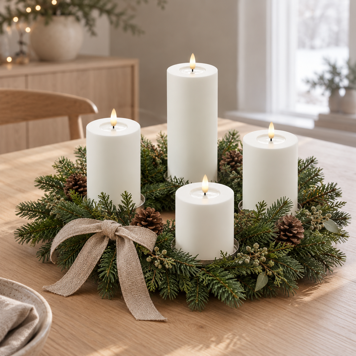 Vier weiße LED-Stumpenkerzen in vier Höhen in einem Adventskranz aus Tannengrün mit Zapfen und Leinenschleife auf einem Holztisch
