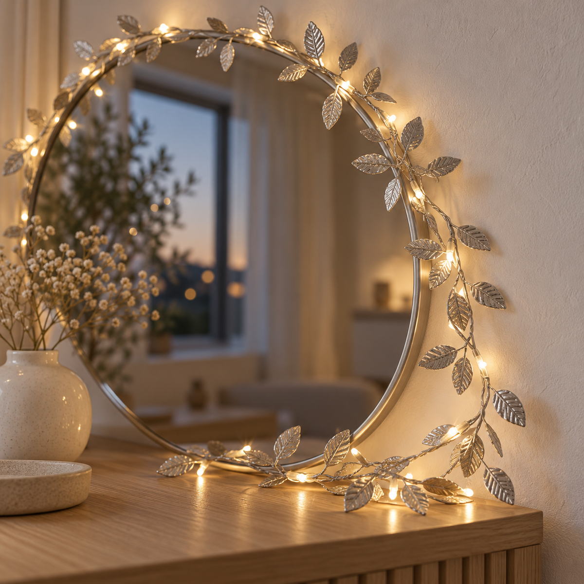 Lichterranke mit Silberblättern um runden Spiegel drapiert auf Sideboard mit Vase und Blumen