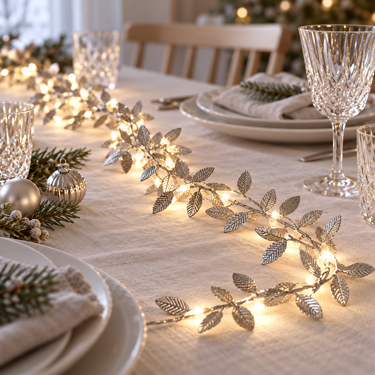 Silberne LED-Ranke als Weihnachtsdeko auf gedecktem Tisch mit Kristallgläsern, Tannengrün und Christbaumkugeln
