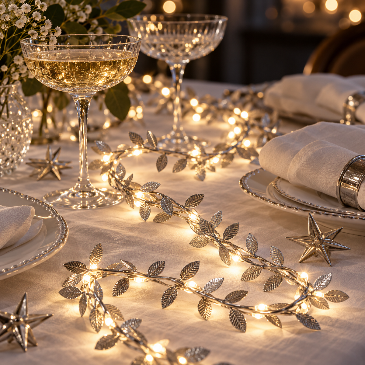 Silberne Lichterranke als Tischdeko auf Silvestertafel mit Champagnergläsern und Silbersternen