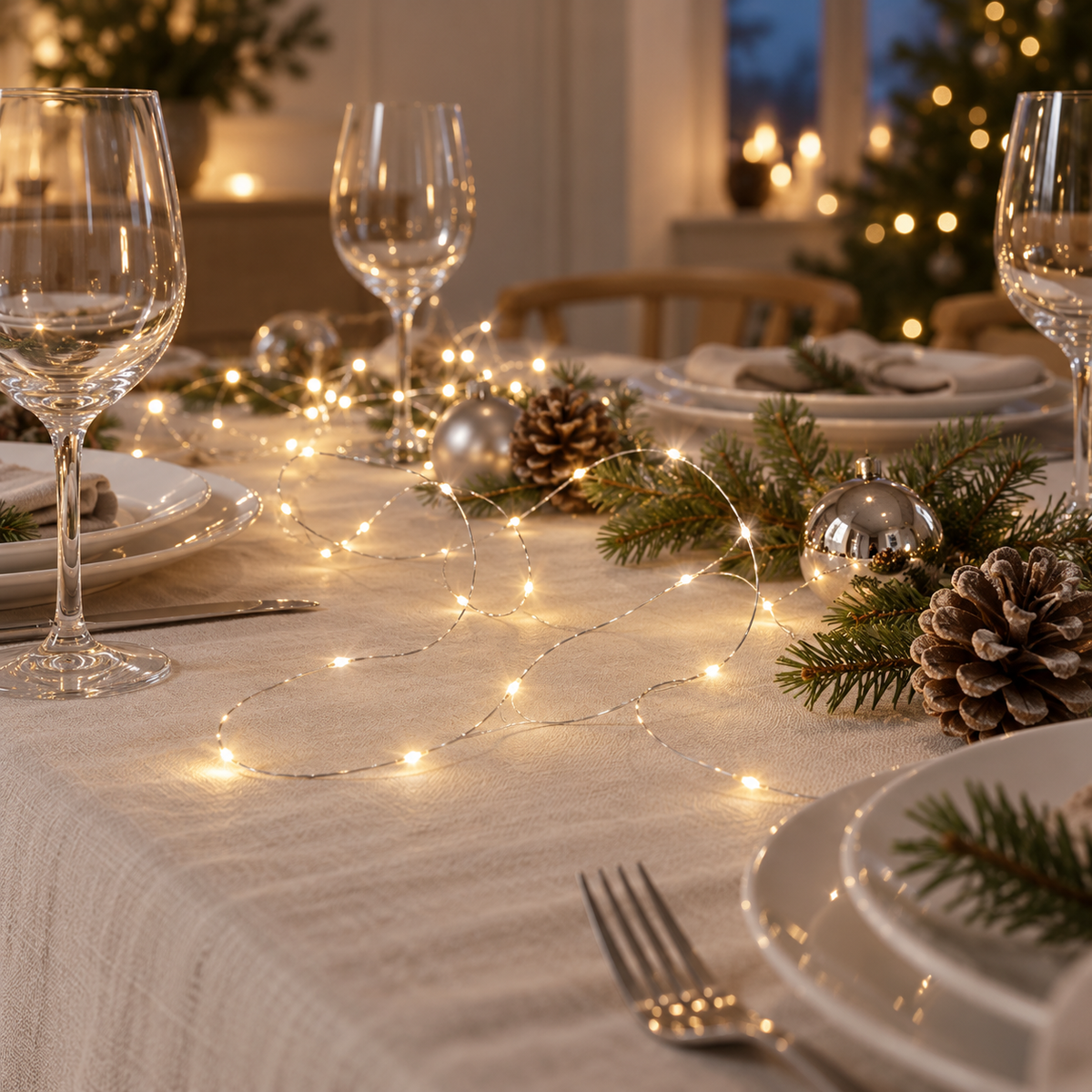 Lichterkette mit Draht als Tischdeko auf festlicher Tafel mit Weingläsern, Tannenzweigen, Zapfen und silbernen Christbaumkugeln