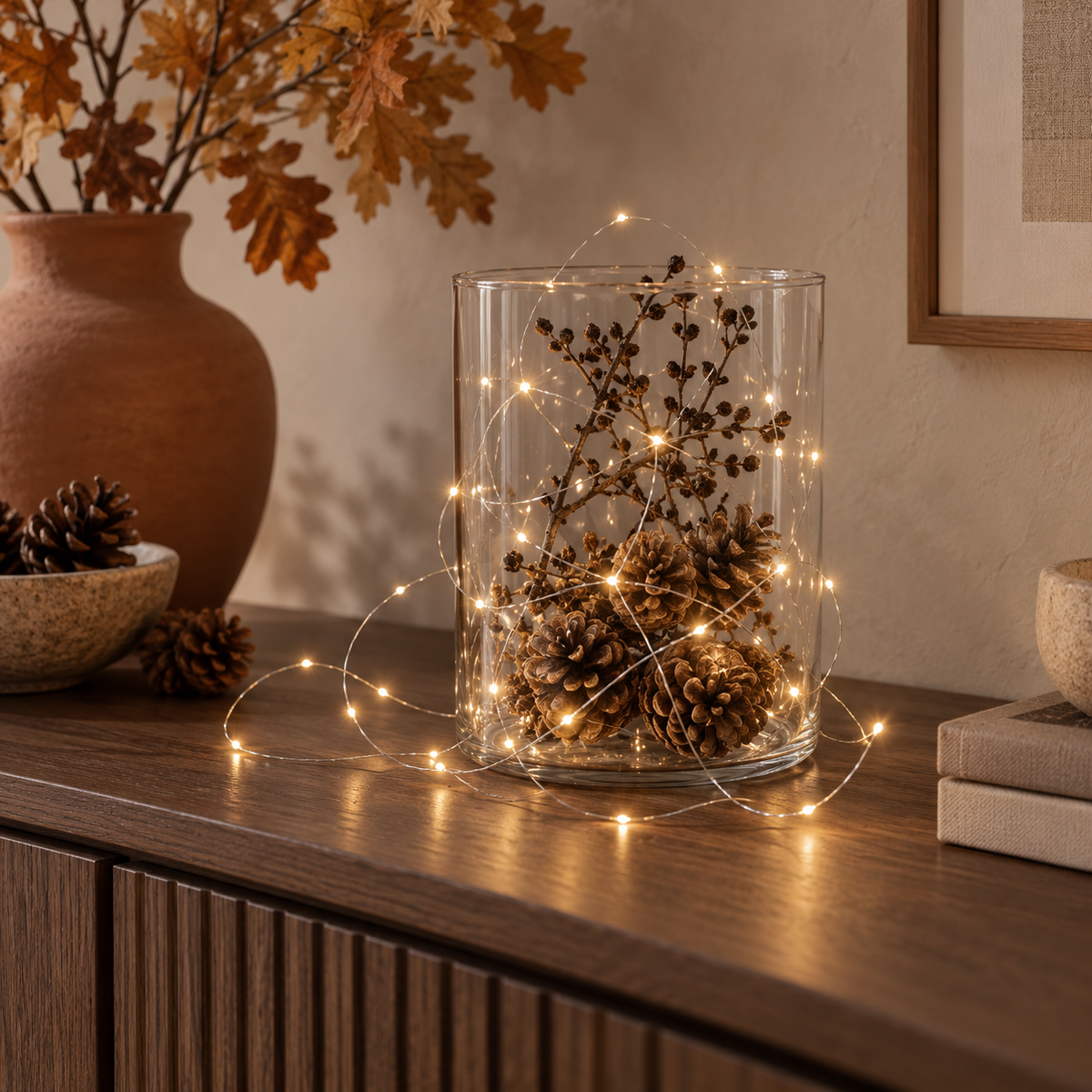 Lichterkette mit Draht um Glasvase mit Zapfen und Zweigen gewickelt auf Sideboard mit Terrakottavase und Herbstlaub
