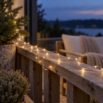 Lichterkette mit Draht und kleinen LED-Lichtern am Holzgeländer auf dem Balkon mit Tanne im Topf und Abendhimmel