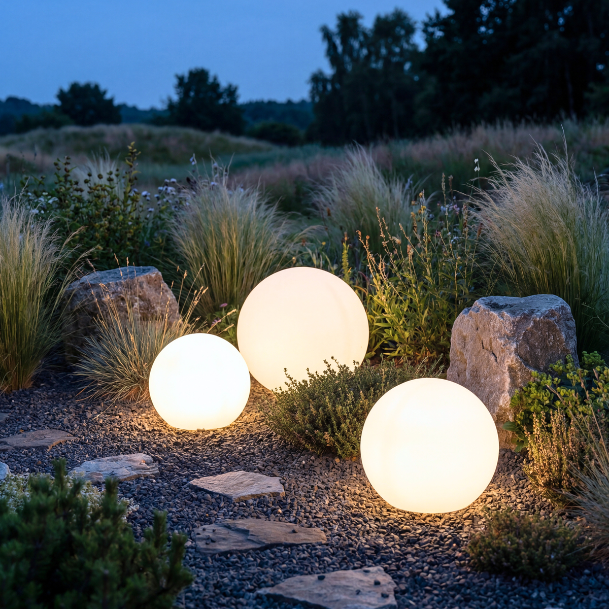Solar-LED-Leuchtkugeln für den Außenbereich – Weiß – 3er-Set Ø20/25/30 cm