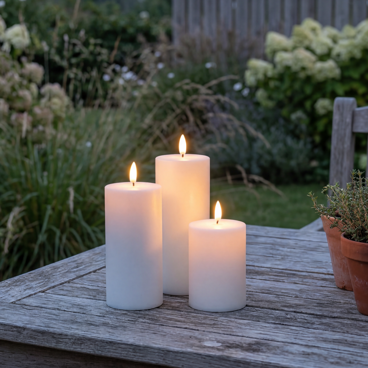 Solar LED Outdoor-Stumpenkerzen – 3er-Set mit 3D-Flamme