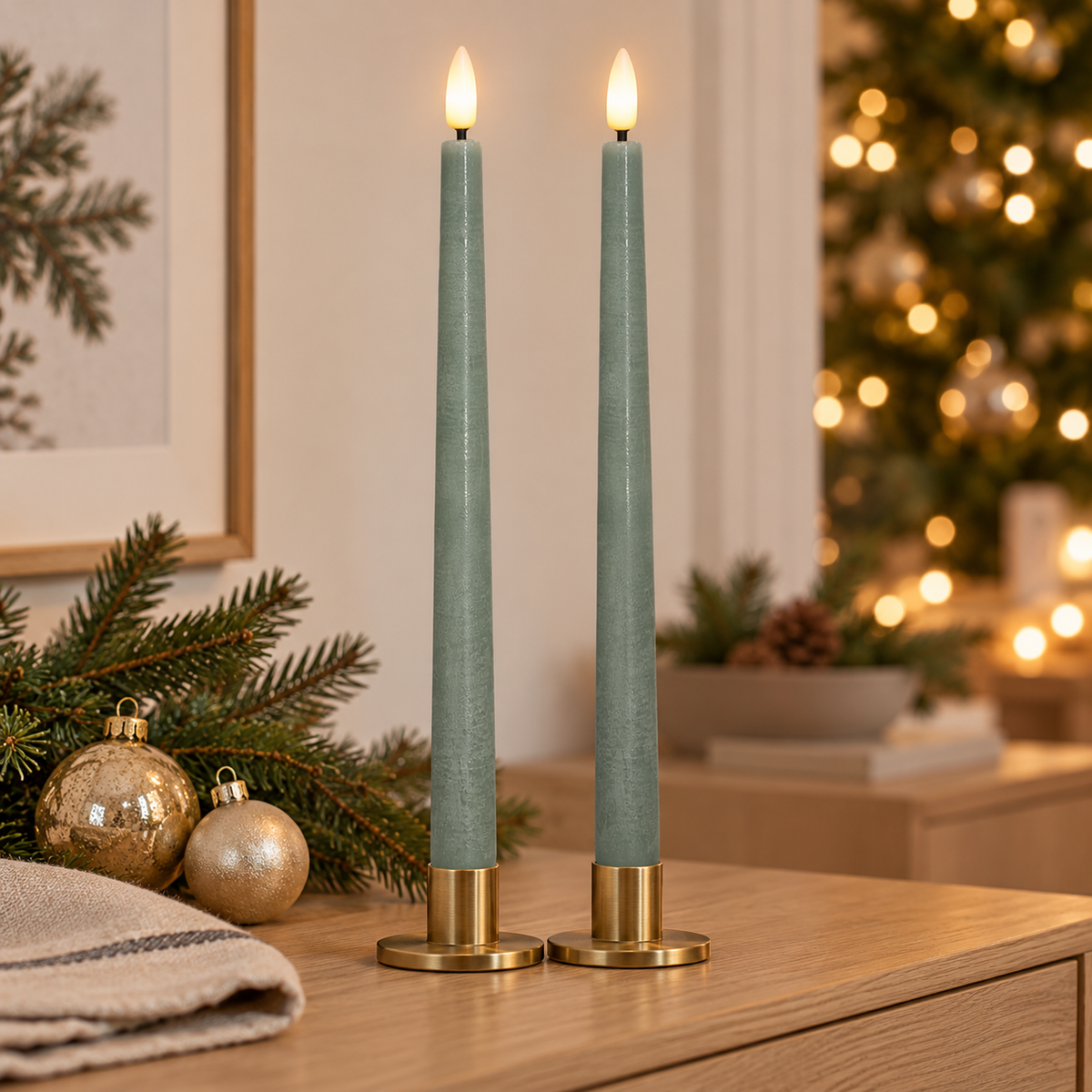 LED-Stabkerzen in Salbeigrün in goldenen Kerzenhaltern auf einer Kommode mit weihnachtlicher Dekoration