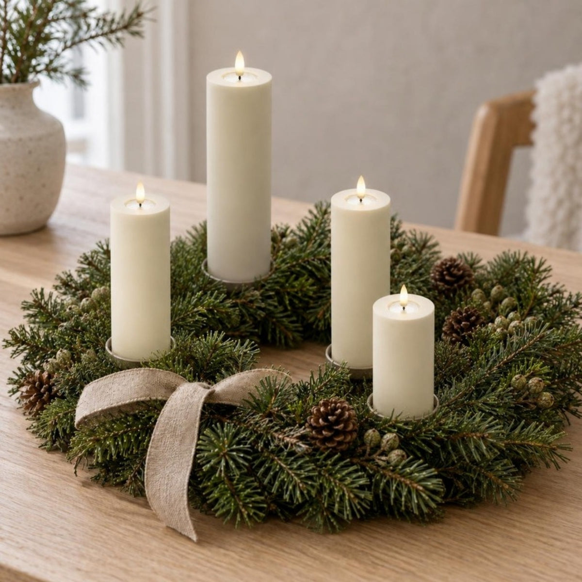 Vier schlanke cremefarbene LED-Stumpenkerzen in vier Höhen in einem Adventskranz aus Tannengrün mit Zapfen und Leinenschleife auf einem Holztisch