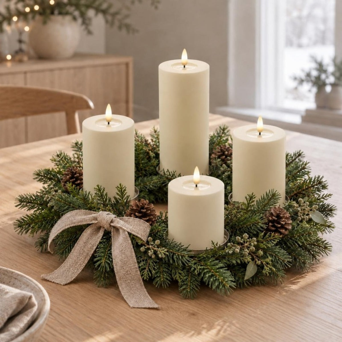Vier cremefarbene LED-Stumpenkerzen in vier Höhen in einem Adventskranz aus Tannengrün mit Zapfen und Leinenschleife auf einem Holztisch