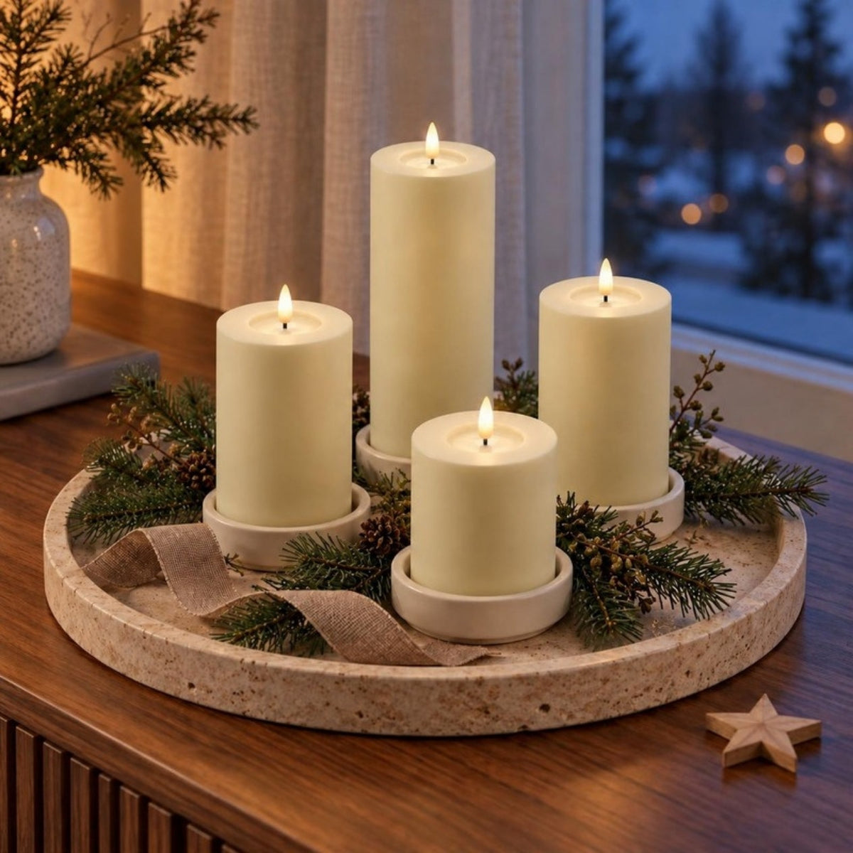 Vier cremefarbene LED-Stumpenkerzen in vier Höhen auf einem runden Terrazzo-Tablett mit Tannengrün und Band auf einem Sideboard am Winterabend