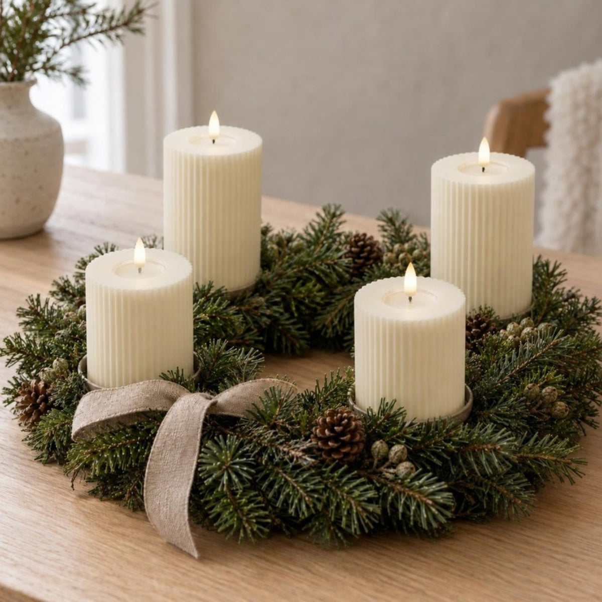 Vier cremefarbene gerillte LED-Stumpenkerzen in drei Höhen in einem Adventskranz aus Tannengrün mit Zapfen und Leinenschleife auf einem Holztisch