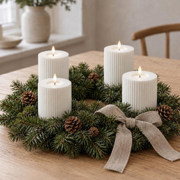 Vier weiße gerillte LED-Stumpenkerzen in drei Höhen in einem Adventskranz aus Tannengrün mit Zapfen und Leinenschleife auf einem Holztisch