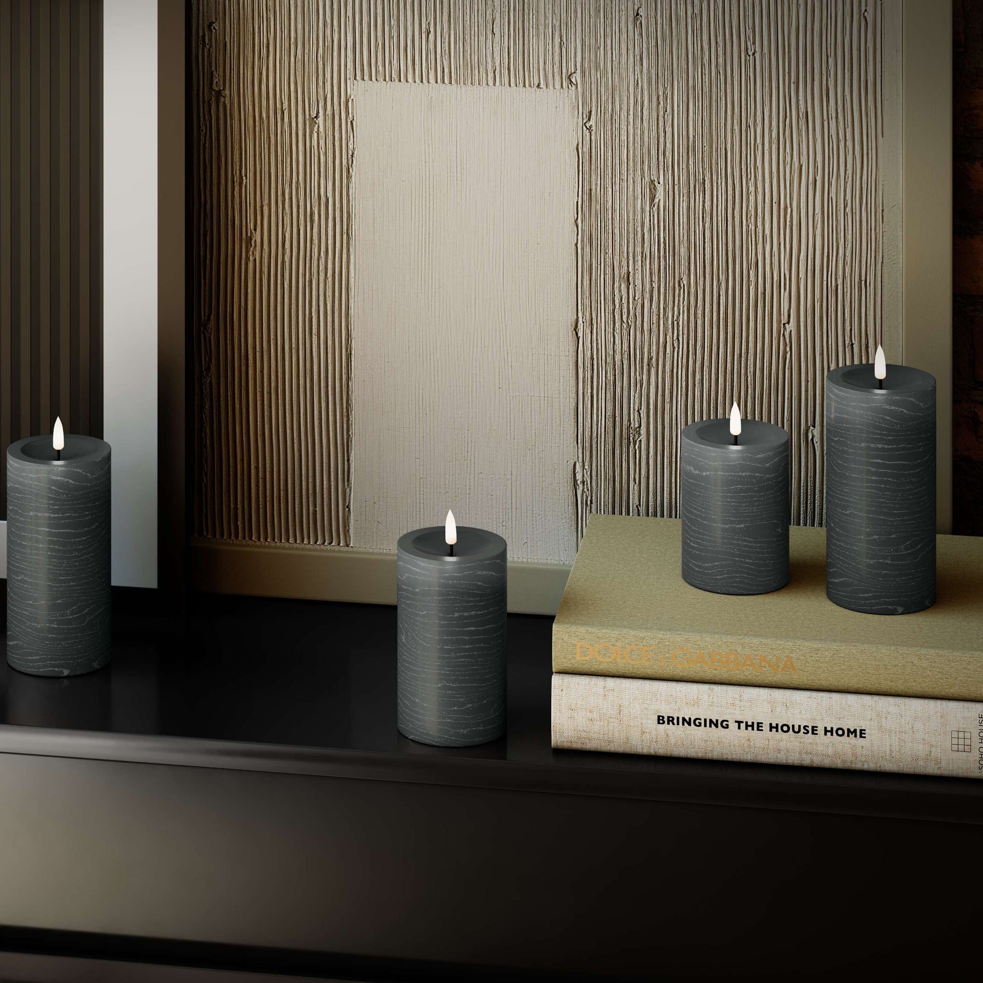 3er-Set LED Stumpenkerzen innen – Dunkelgrau mit Fernbedienung & realistischer 3D-Flamme - Nordicflame-de