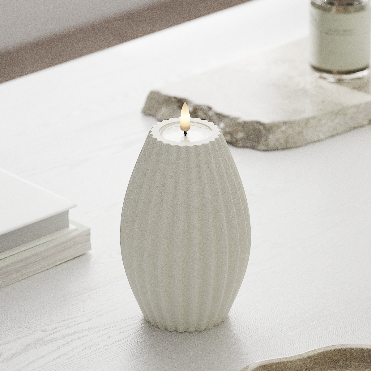 LED Kerze Gerillt D10 x 15 cm - Echtwachs - 3D Flamme - Nordicflame-de