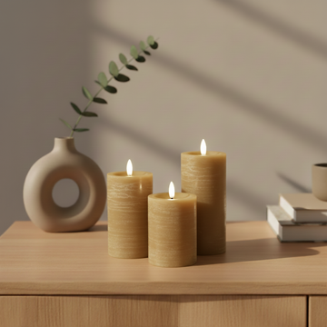 3er-Set LED Stumpenkerzen innen – Curry mit Fernbedienung & realistischer 3D-Flamme