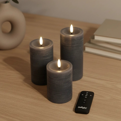 3er-Set LED Stumpenkerzen innen – Dunkelgrau mit Fernbedienung & realistischer 3D-Flamme Deluxe Homeart