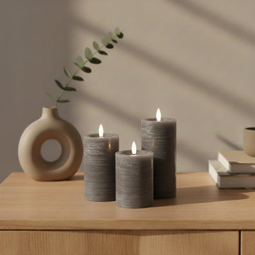 3er-Set LED Stumpenkerzen innen – Dunkelgrau mit Fernbedienung & realistischer 3D-Flamme