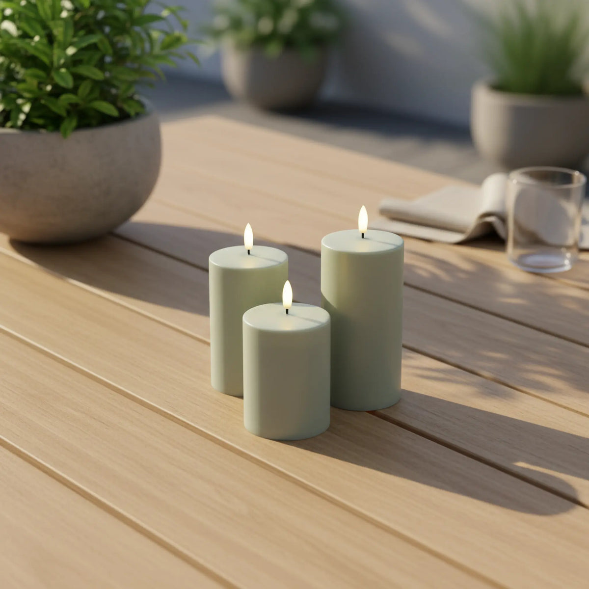 Salbeigrün 3er-Set Deluxe Outdoor LED-Kerzen mit Fernbedienung –