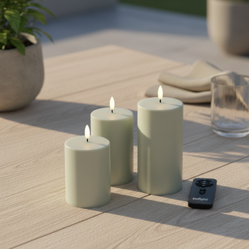 Salbeigrün 3er-Set Deluxe Outdoor LED-Kerzen mit Fernbedienung – wetterfest & realistische Flamme