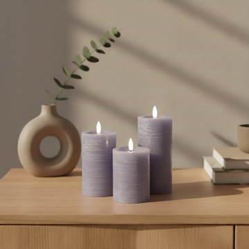 3er-Set LED Stumpenkerzen innen – Helles Violett mit Fernbedienung & realistischer 3D-Flamme
