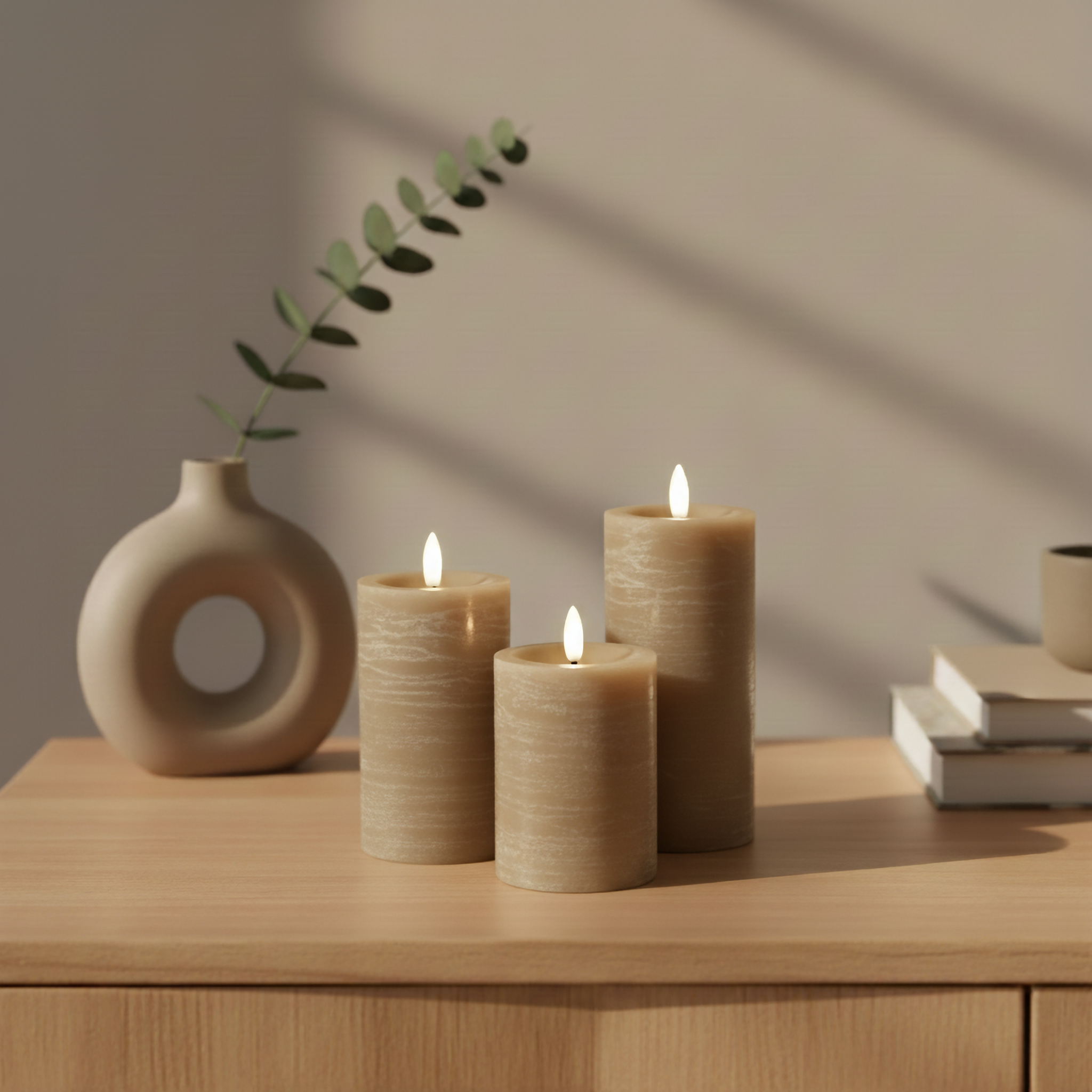 3er-Set LED Stumpenkerzen innen – Karamell mit Fernbedienung & realistischer 3D-Flamme