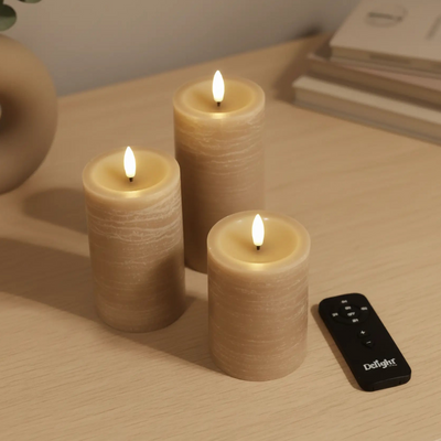 3er-Set LED Stumpenkerzen innen – Karamell mit Fernbedienung & realistischer 3D-Flamme Deluxe Homeart