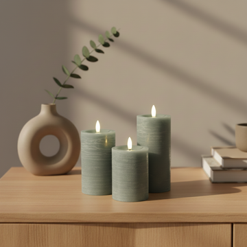 3er-Set LED Stumpenkerzen innen – Salbeigrün mit Fernbedienung & realistischer 3D-Flamme