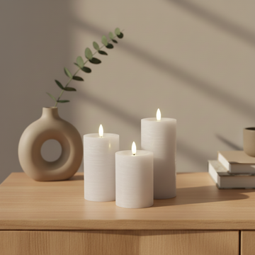 3er-Set LED Stumpenkerzen innen – Weiß mit Fernbedienung & realistischer 3D-Flamme