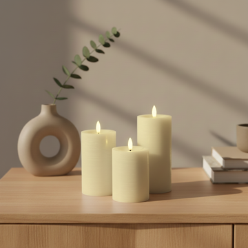 3er-Set LED Stumpenkerzen innen – Creme mit Fernbedienung & realistischer 3D-Flamme