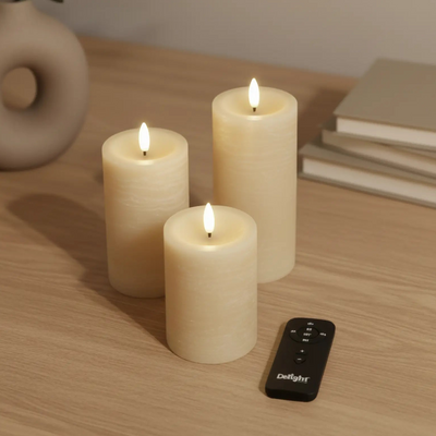 3er-Set LED Stumpenkerzen innen – Creme mit Fernbedienung & realistischer 3D-Flamme Deluxe Homeart