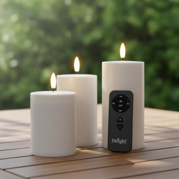 Premium 3er-Set Outdoor LED-Kerzen mit Fernbedienung – wetterfest & realistische Flamme - Weiß Deluxe Homeart