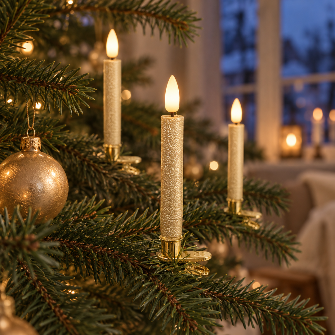 Goldene LED-Baumkerzen mit Clip am Weihnachtsbaum neben einer goldenen Christbaumkugel