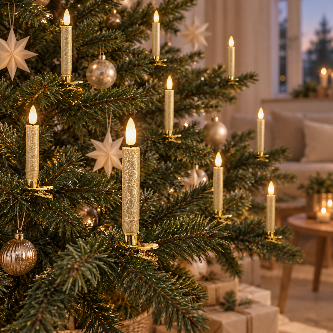 Weihnachtsbaum mit goldenen LED-Baumkerzen mit Clip, Sternen und Christbaumkugeln im Wohnzimmer