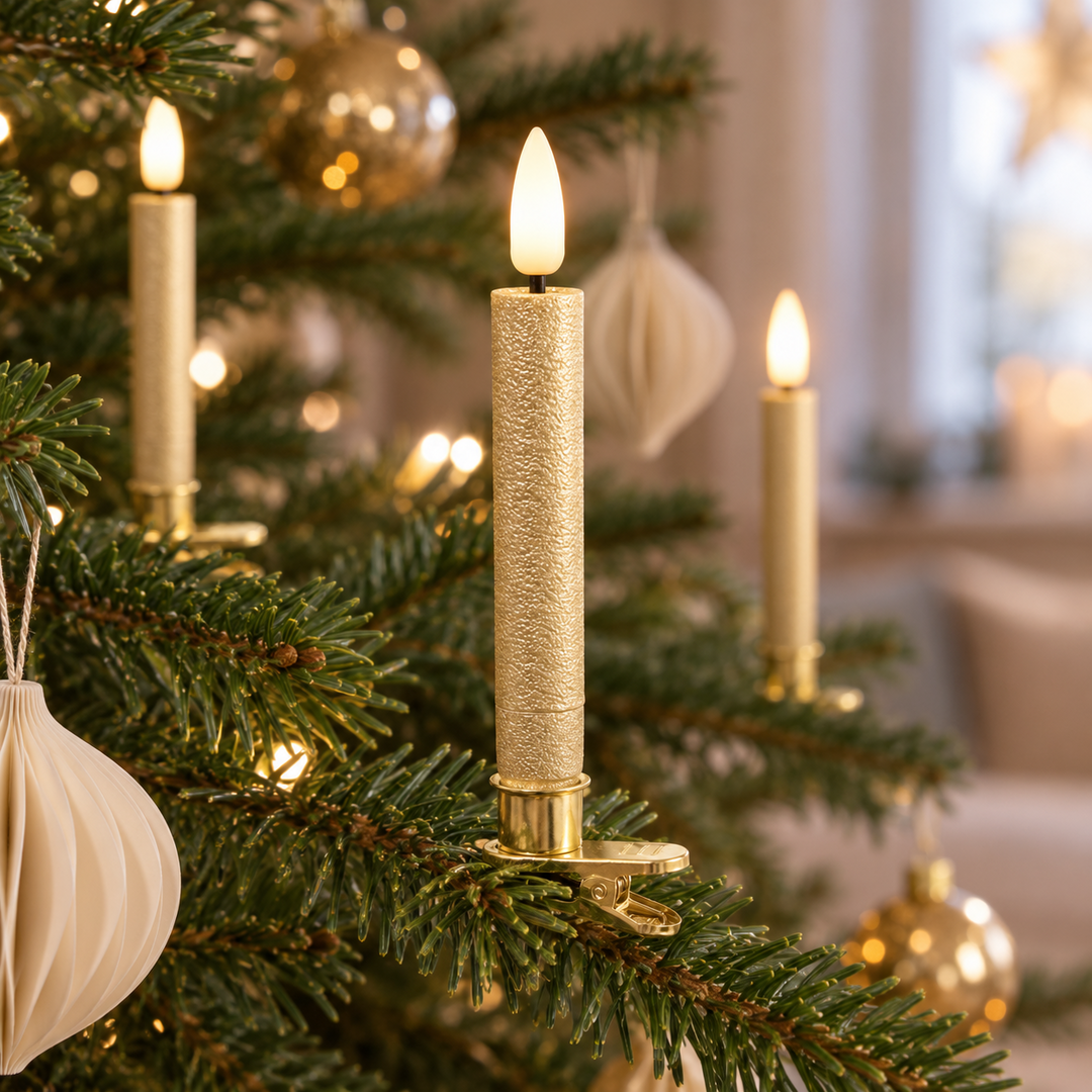 Goldene LED-Baumkerze mit Clip an einem Tannenzweig, umgeben von weihnachtlicher Dekoration