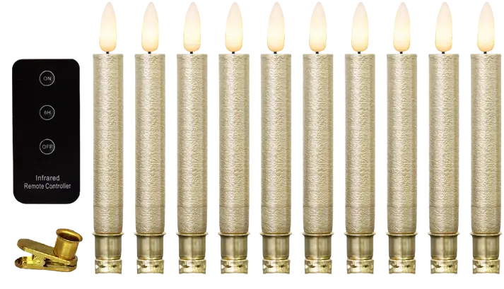 10er-Set goldfarbene LED Weihnachtsbaumkerzen mit 3D-Flamme, Timer und Fernbedienung - Nordicflame-de