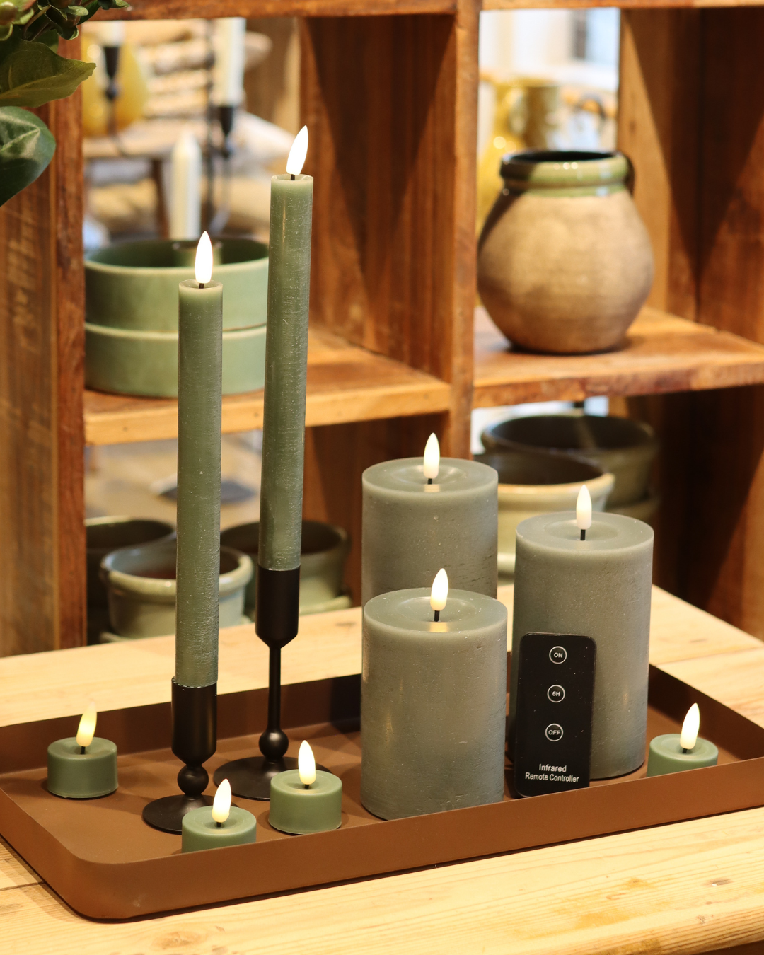 Großes LED-Kerzenset mit 9 Kerzen und Fernbedienung - Grün - Nordicflame-de