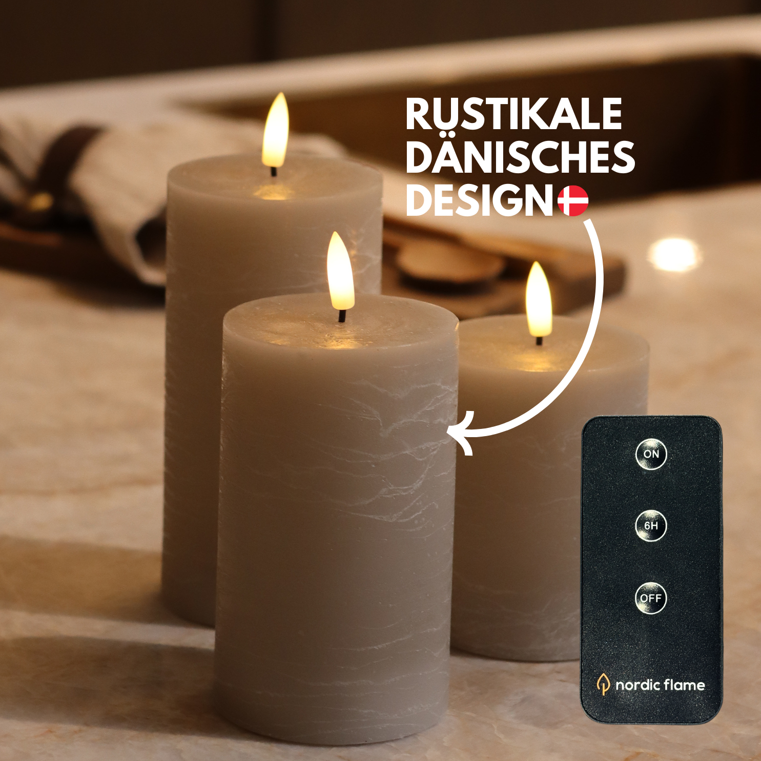 LED Kerzenset - Rustik-Optik  3D Flamme - 3 Größen - Timer - Sandfarbe - 3er Set - inkl Fernbedienung - Nordicflame-de