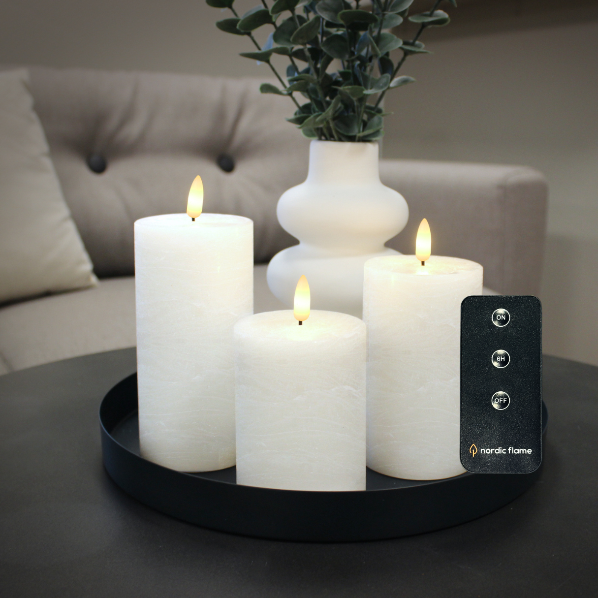 LED Kerzenset - Rustik-Optik  3D Flamme - 3 Größen - Timer - weiß - 3er Set - inkl Fernbedienung - Nordicflame-de