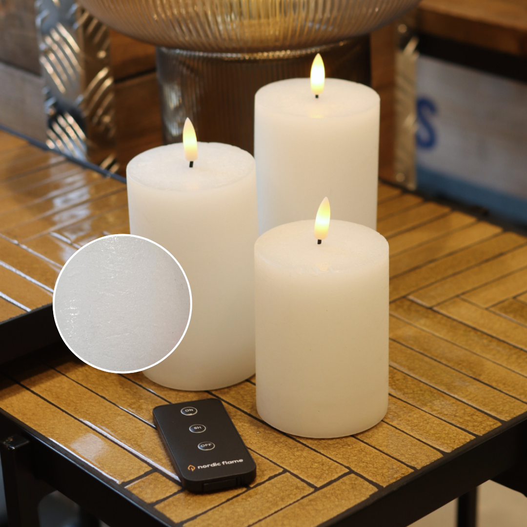 LED Kerzenset - Rustik-Optik  3D Flamme - 3 Größen - Timer - weiß - 3er Set - inkl Fernbedienung - Nordicflame-de