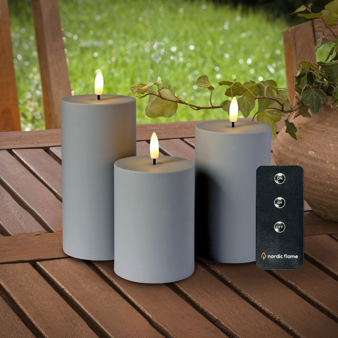 Outdoor LED-Kerzen 3er-Pack Grau für den Außenbereich - inkl Fernbedienung - Nordicflame-de