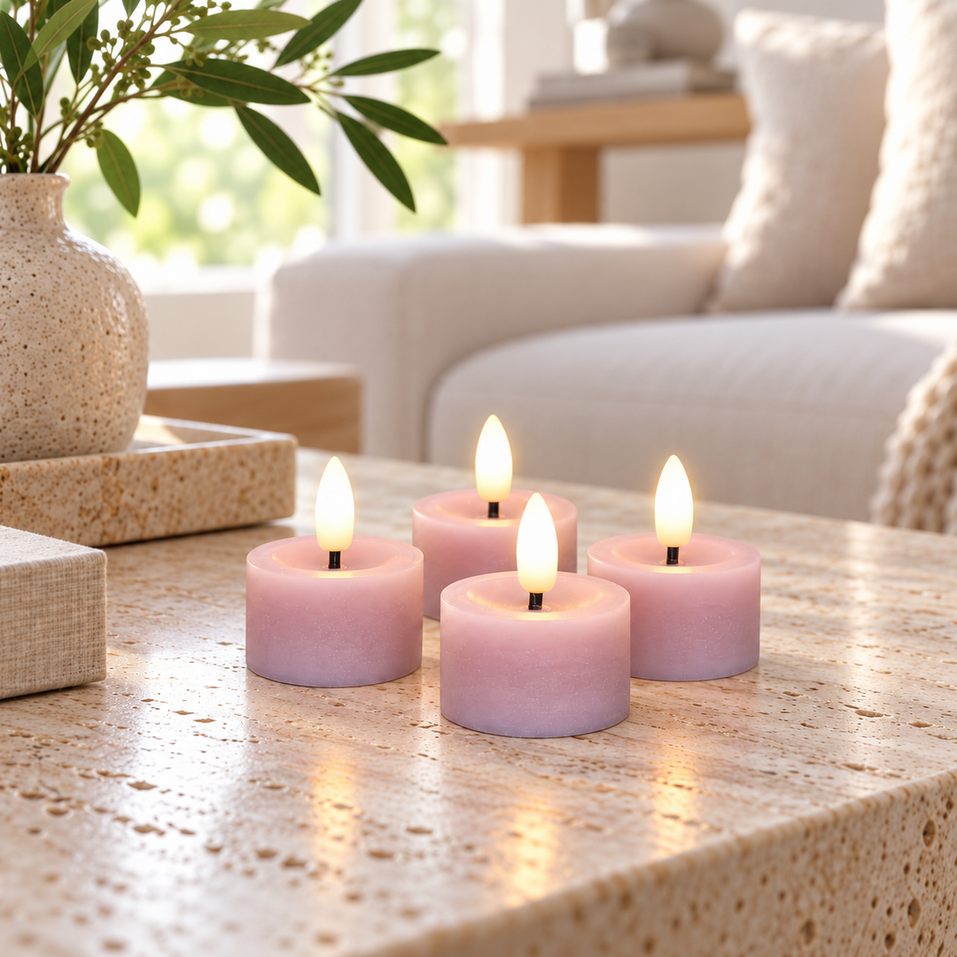 Rosa LED-Teelichter auf hellem Steintisch im hellen Wohnzimmer mit Sofa und grünem Zweig